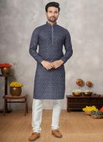 Jacquard Blue Traditional Wear Pintex Work Readymade Kurta Pajama